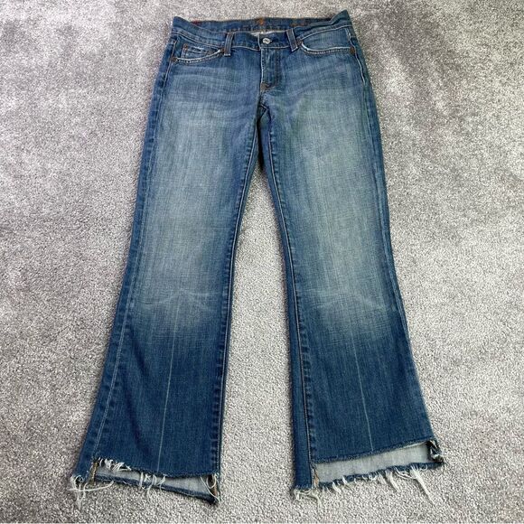 7 For All Mankind Jeans Women’s 27 Blue Medium Wash Bootcut Frayed Hem Low Rise - Picture 1 of 14